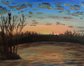 Painting of a sunset over water with reeds on a textured surface
