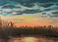 Painting of a sunset over water with grasses, displayed against a stone wall.