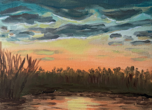 Painting of a sunset over water with grasses, displayed against a stone wall.