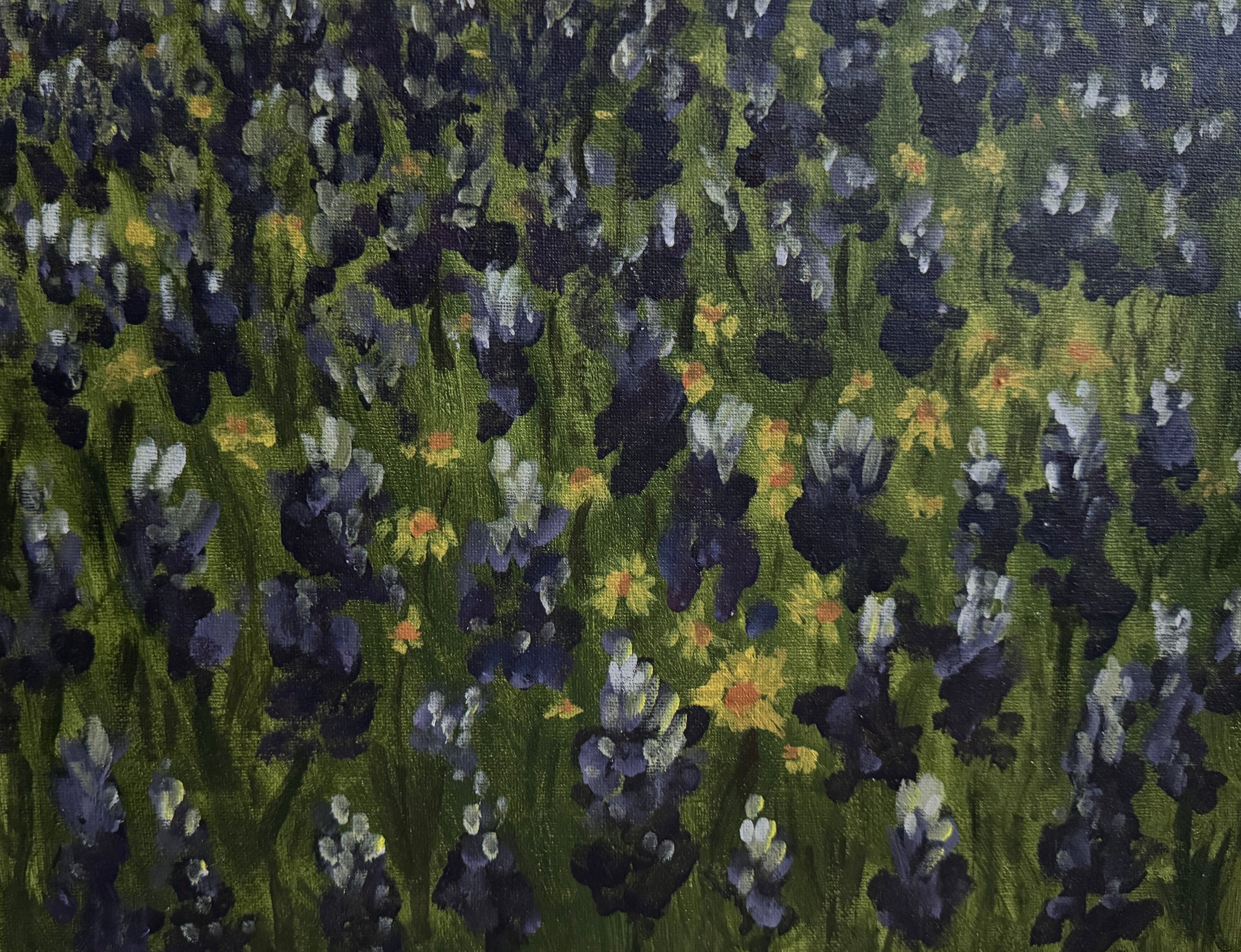 Painting of blue and white flowers on a green background