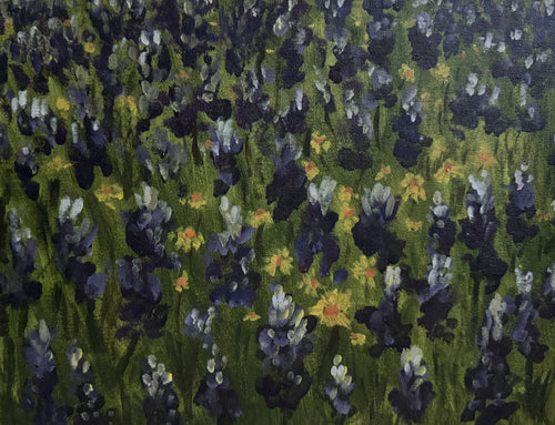 Painting of blue and white flowers on a green background