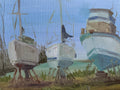 Painting of boats docked at a pier with a clear sky.
