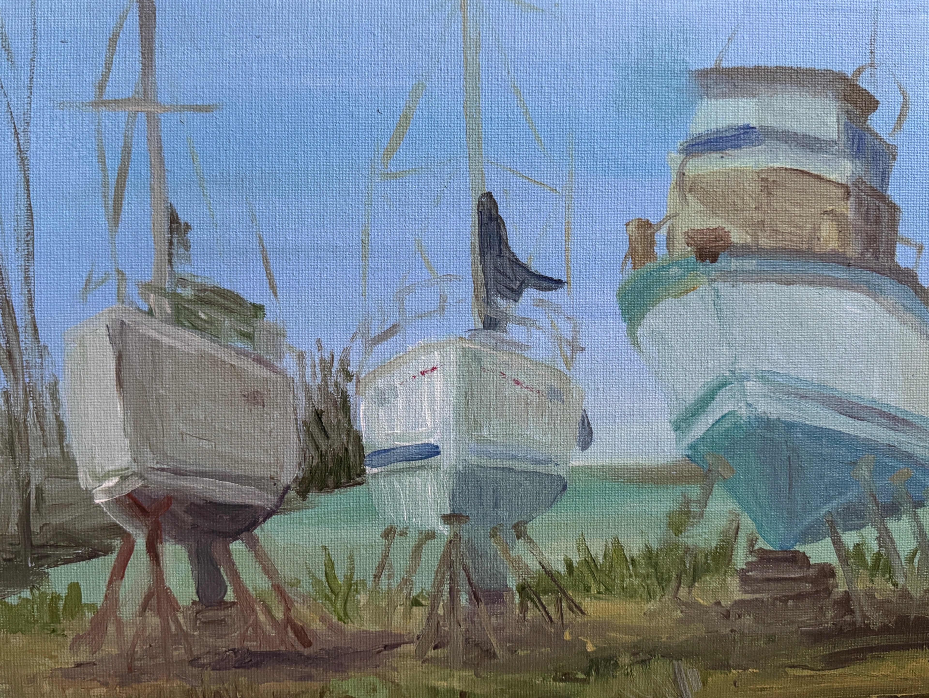 Painting of boats docked at a pier with a clear sky.
