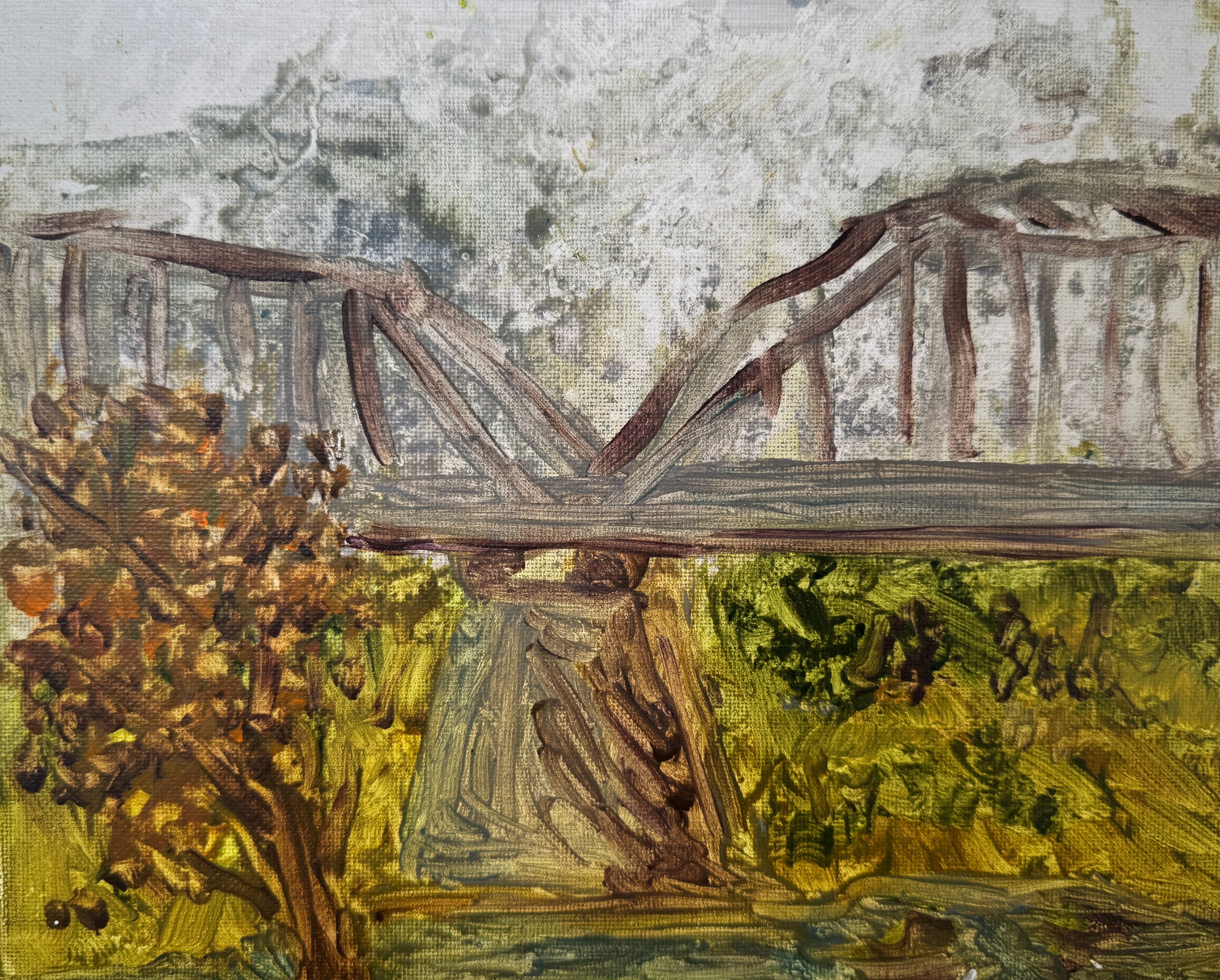 Artistic depiction of a bridge with trees and landscape