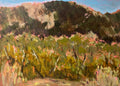 Painting of a landscape with greenery and mountains on a textured surface