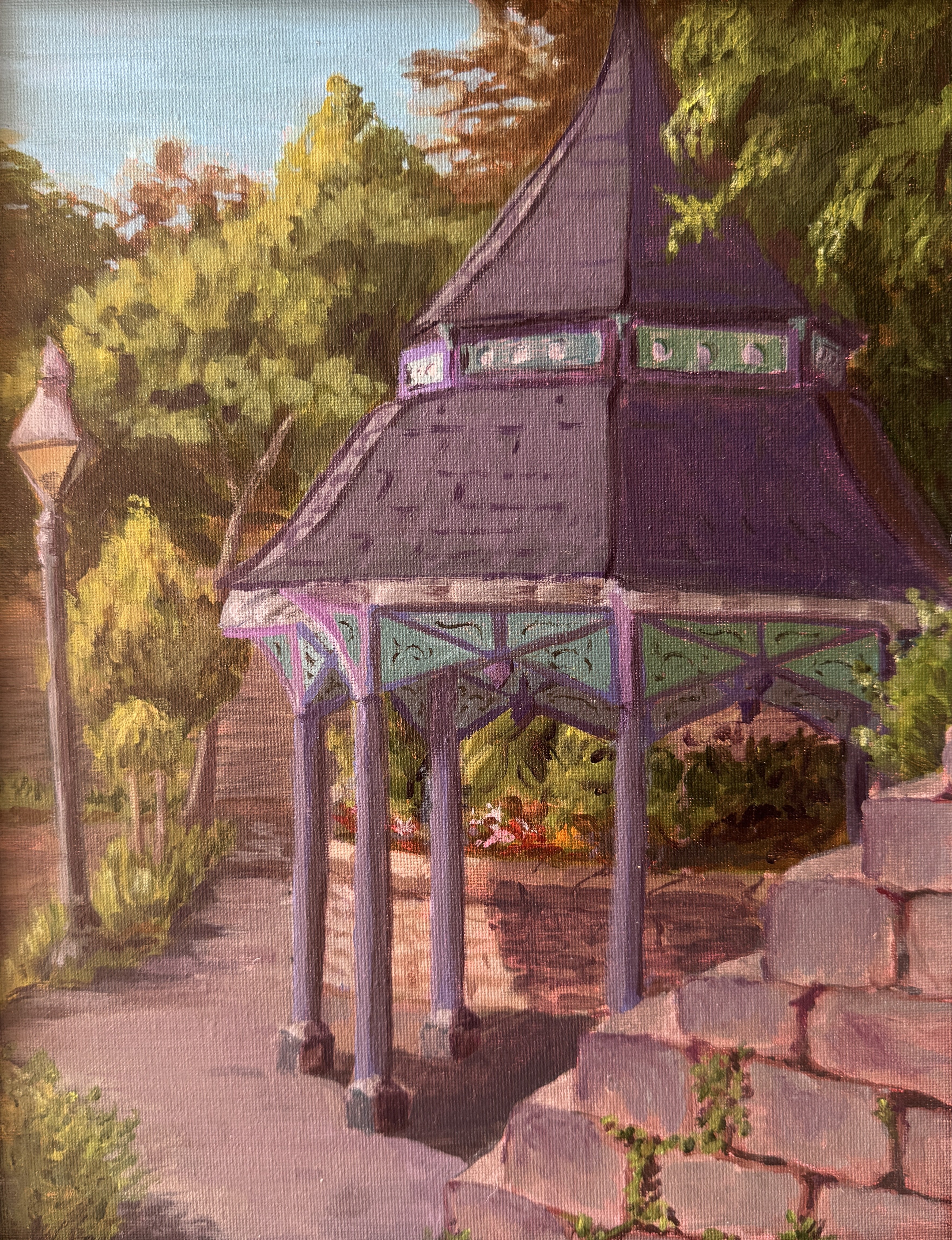 Painting of a gazebo in a park with trees and a lamp post.