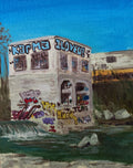 Painting of a building facade with colorful artwork on a textured surface