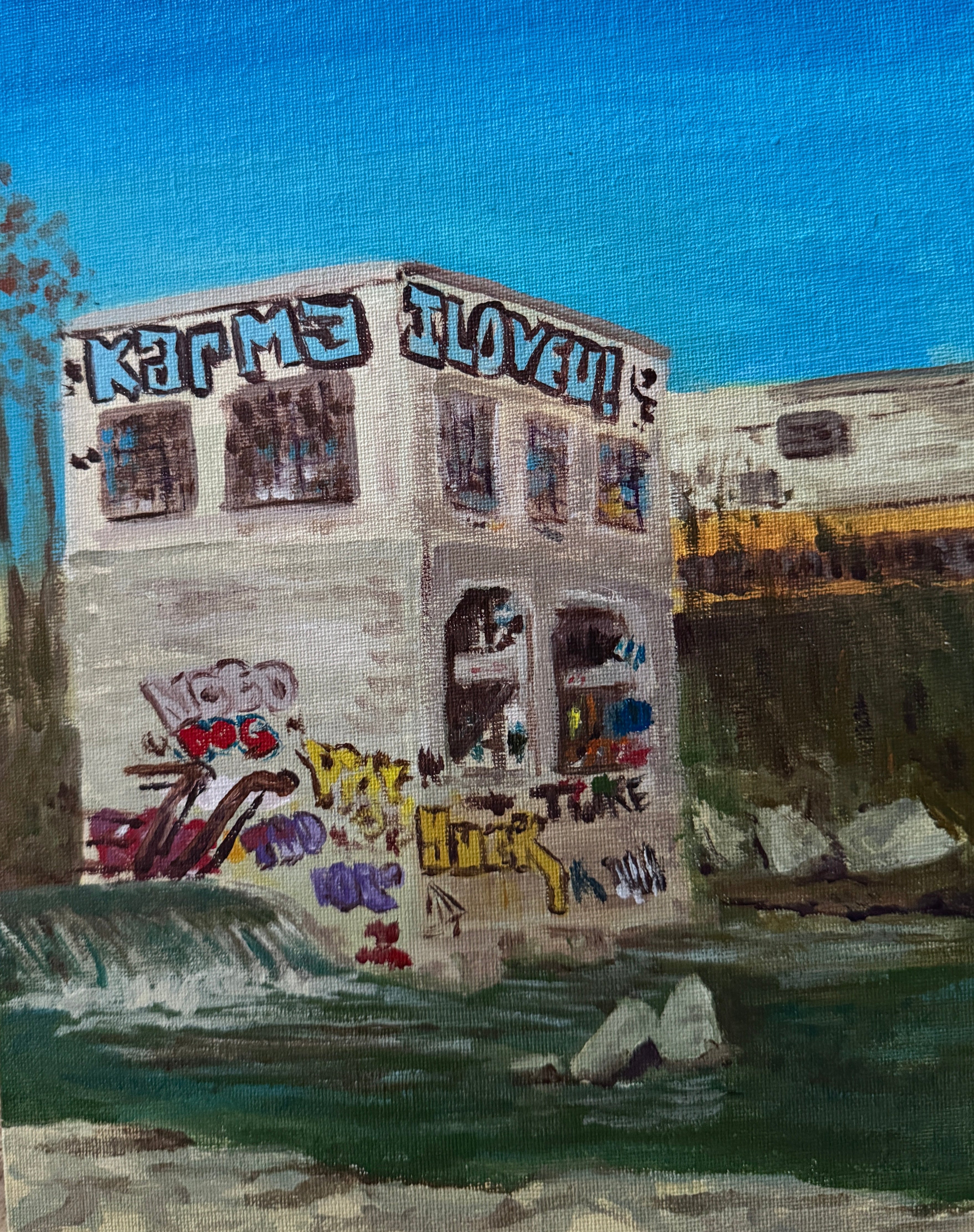 Painting of a building facade with colorful artwork on a textured surface