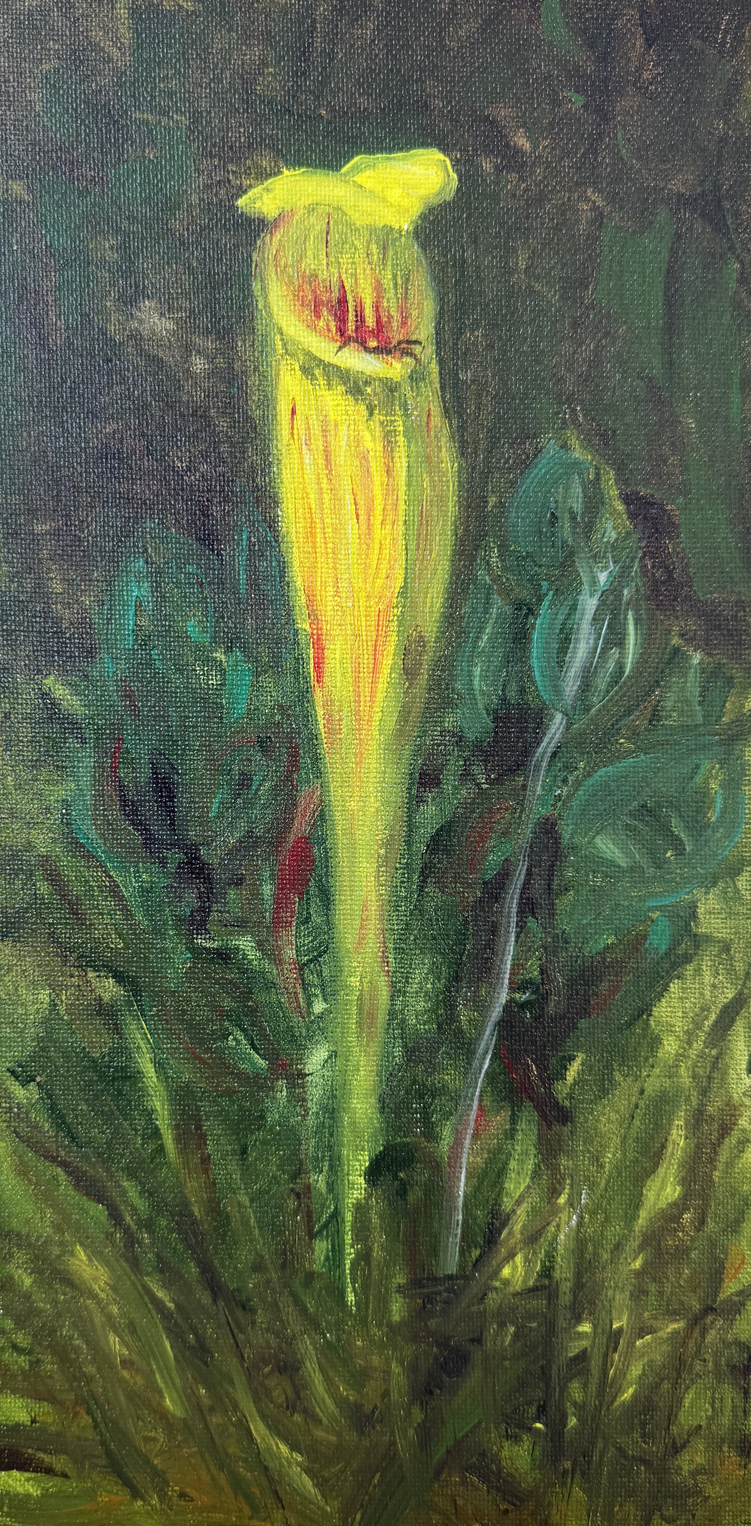 Artistic depiction of a flower with green leaves on a textured surface