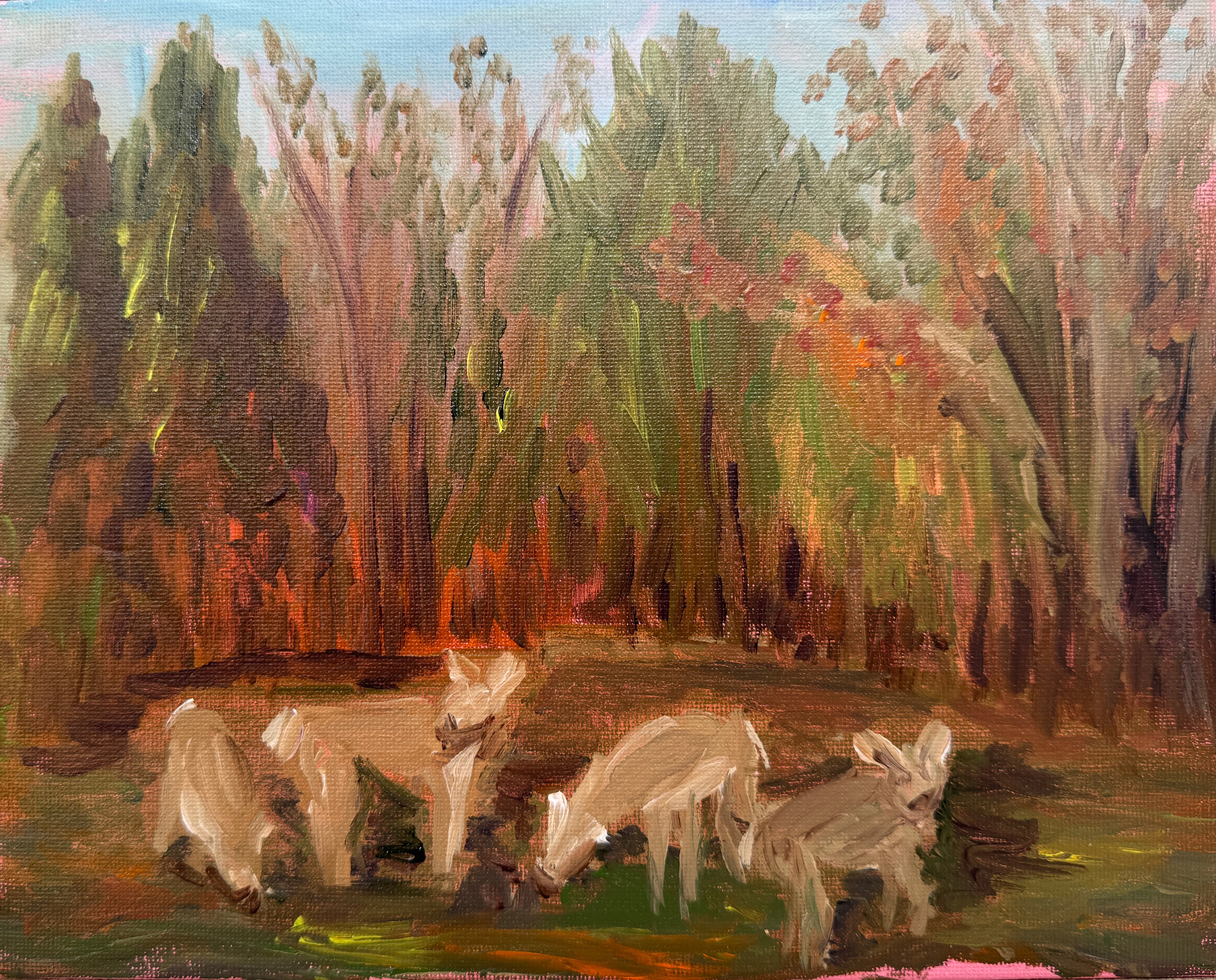 Painting of deer in a forest setting on a textured surface