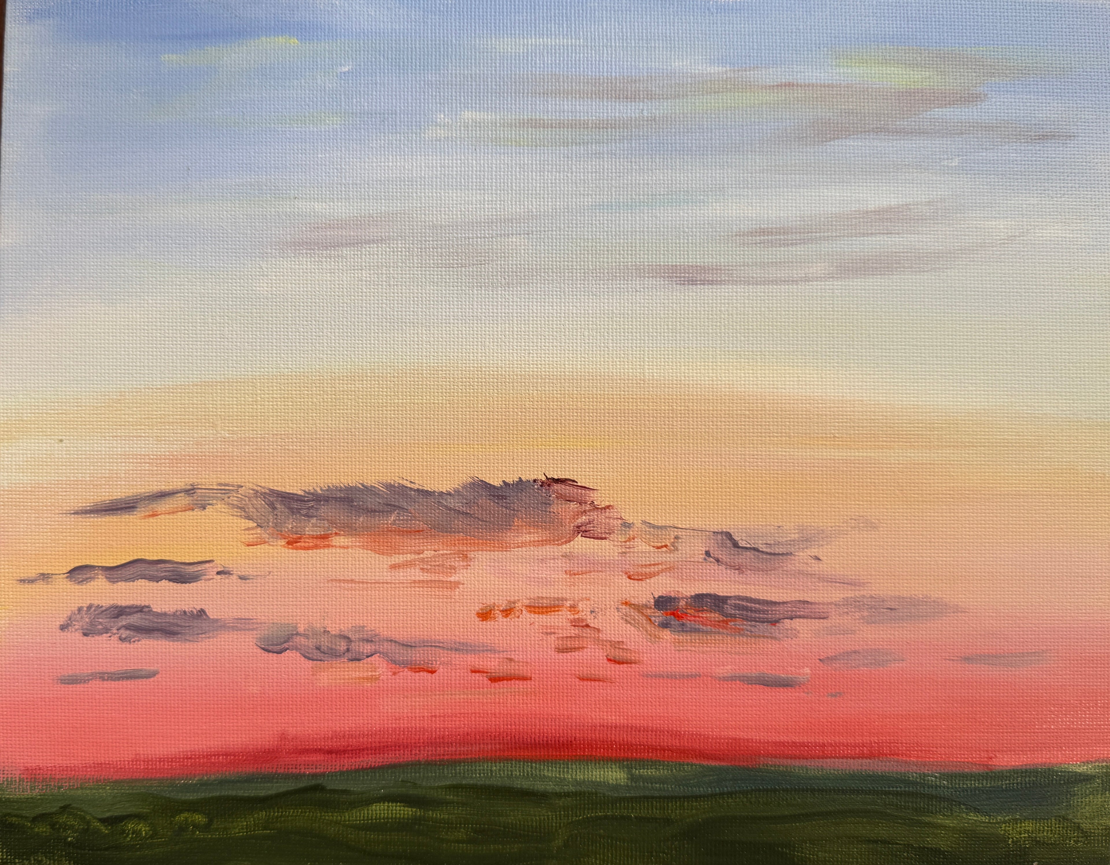 Painting of a landscape with a sunset sky and mountains.