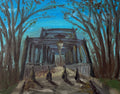 Painting of a wooden bridge with trees on either side