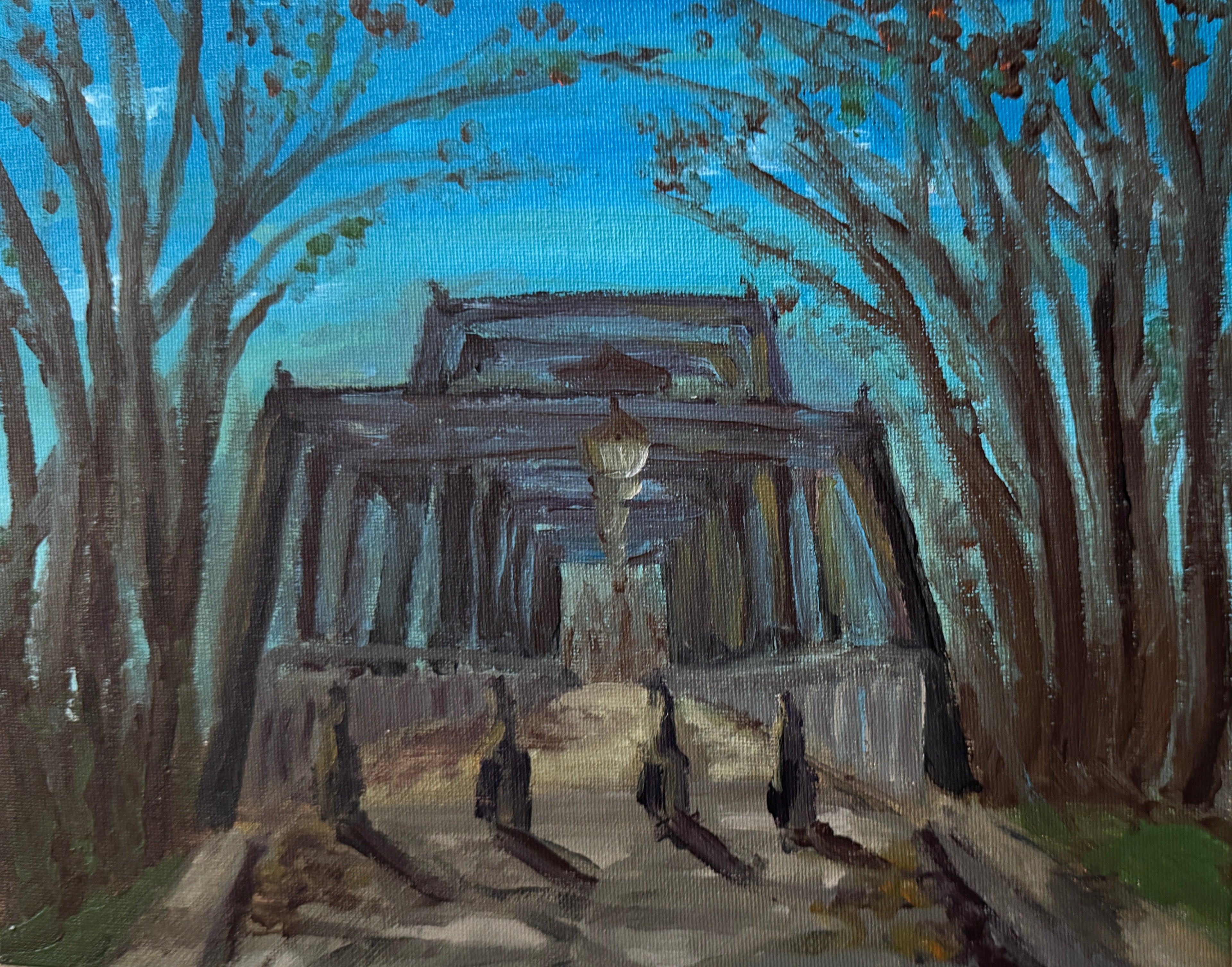 Painting of a wooden bridge with trees on either side