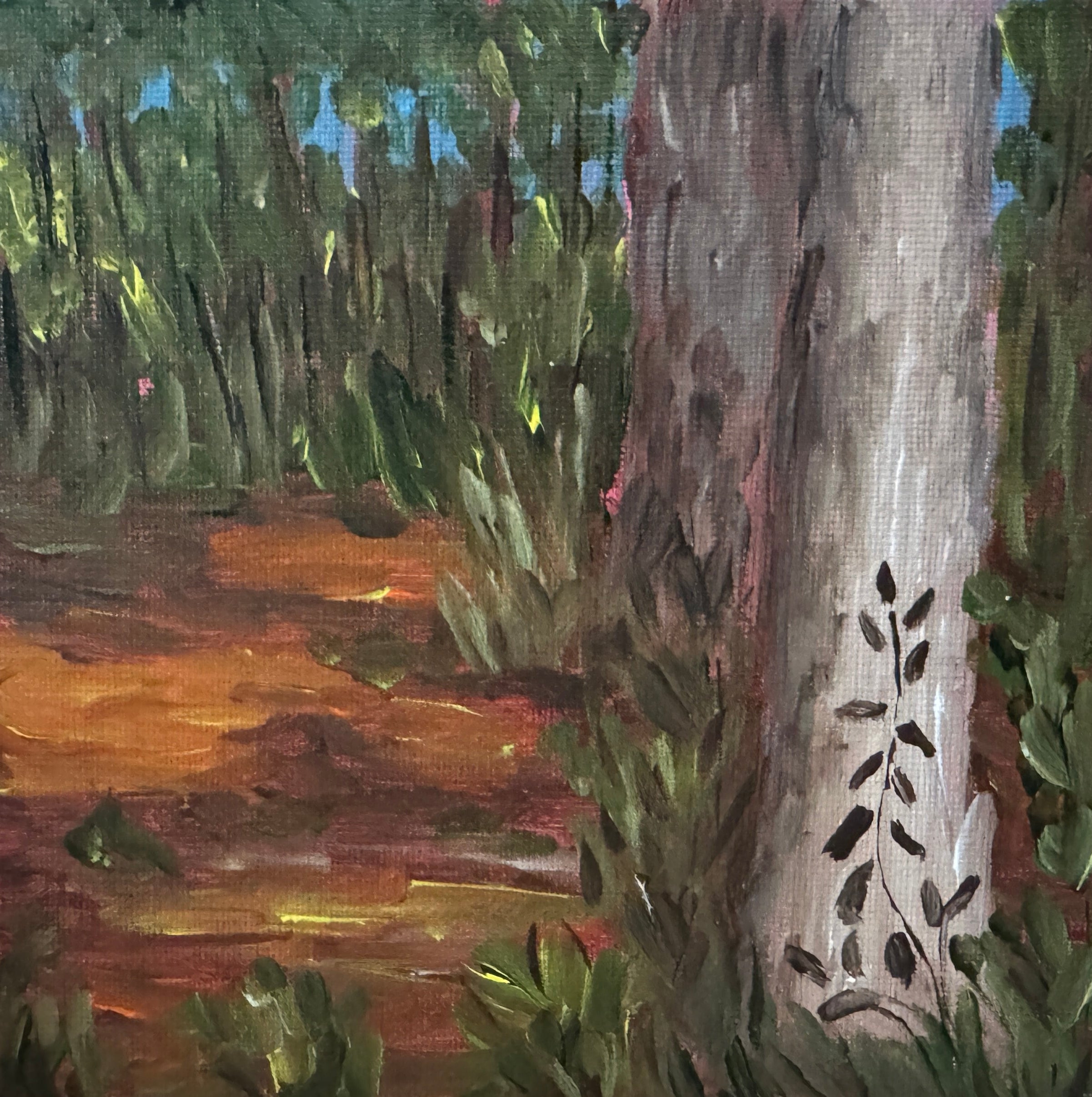 Painting of a natural landscape with trees and a river on a stone surface