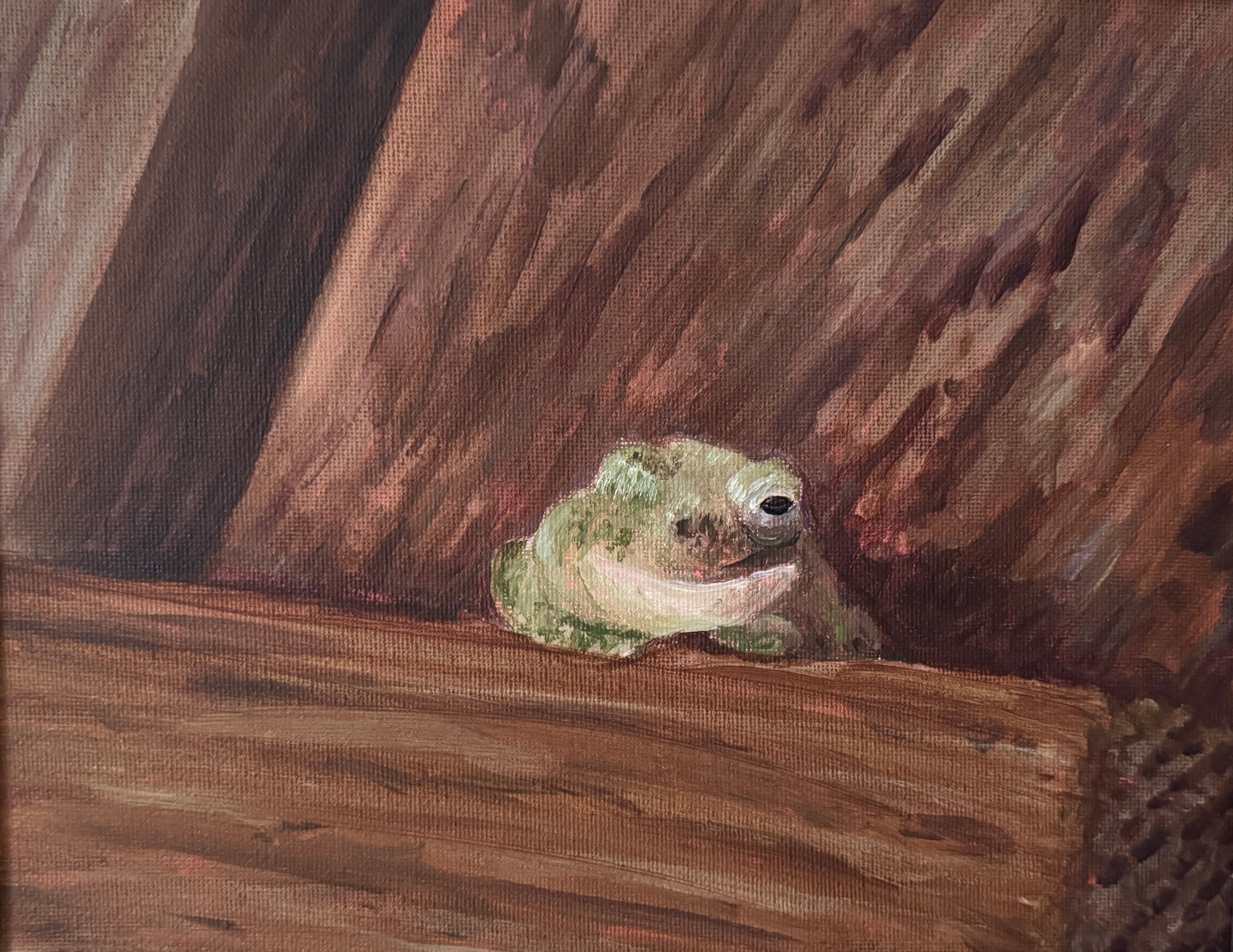 Framed artwork of a frog peeking out from behind a wooden surface