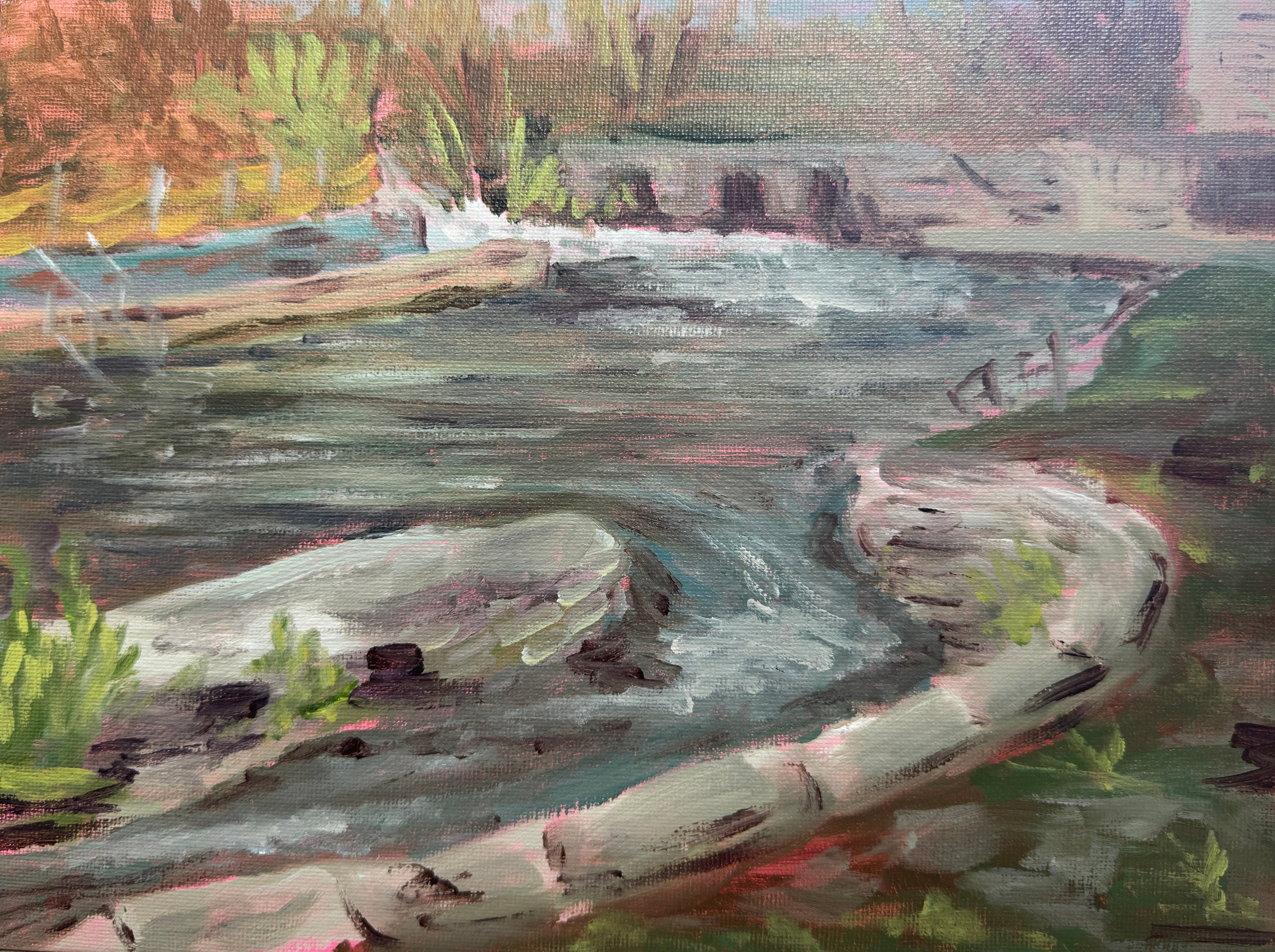 Painting of a landscape with trees and water on a wooden surface