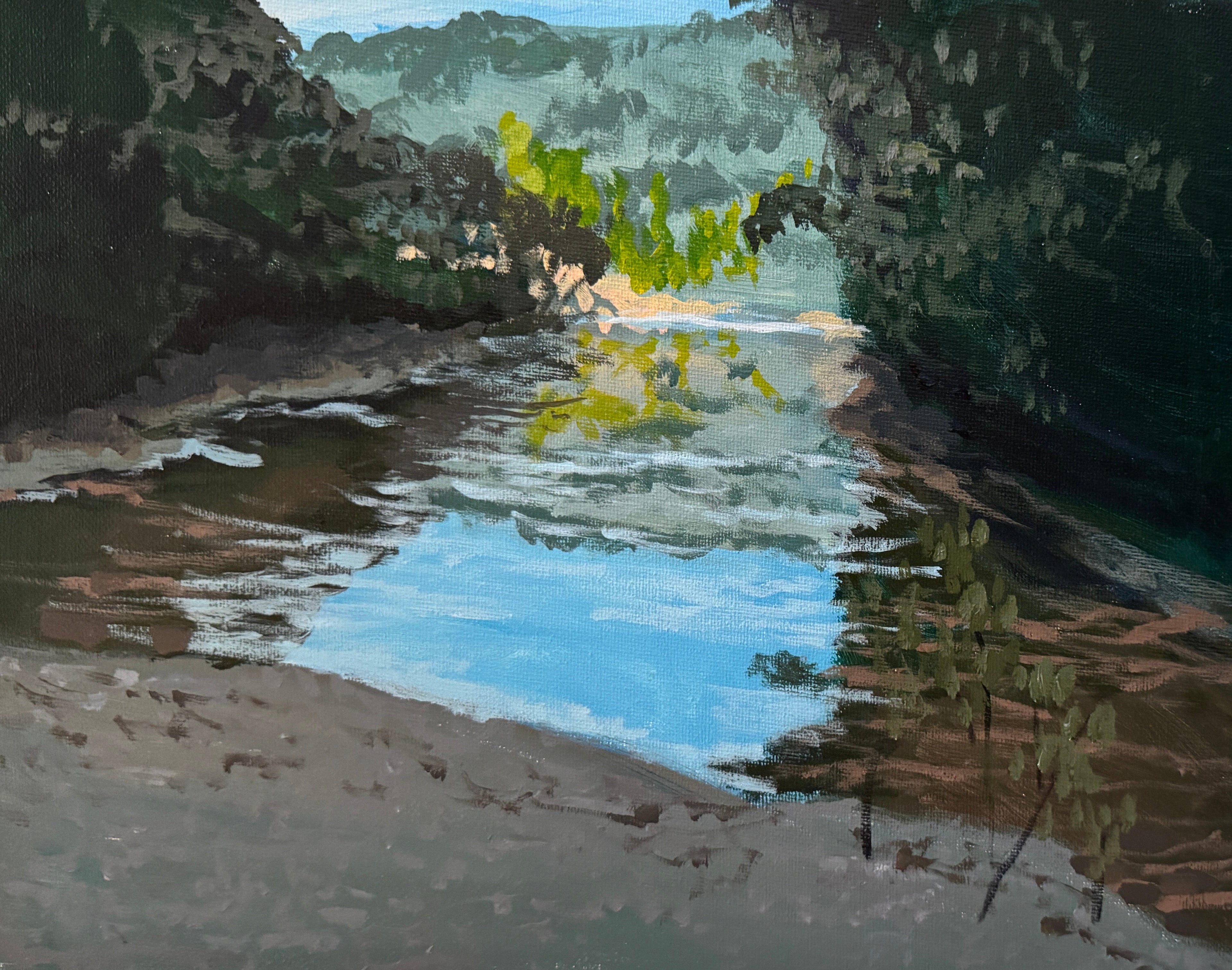 Small painting of a natural landscape with water and trees