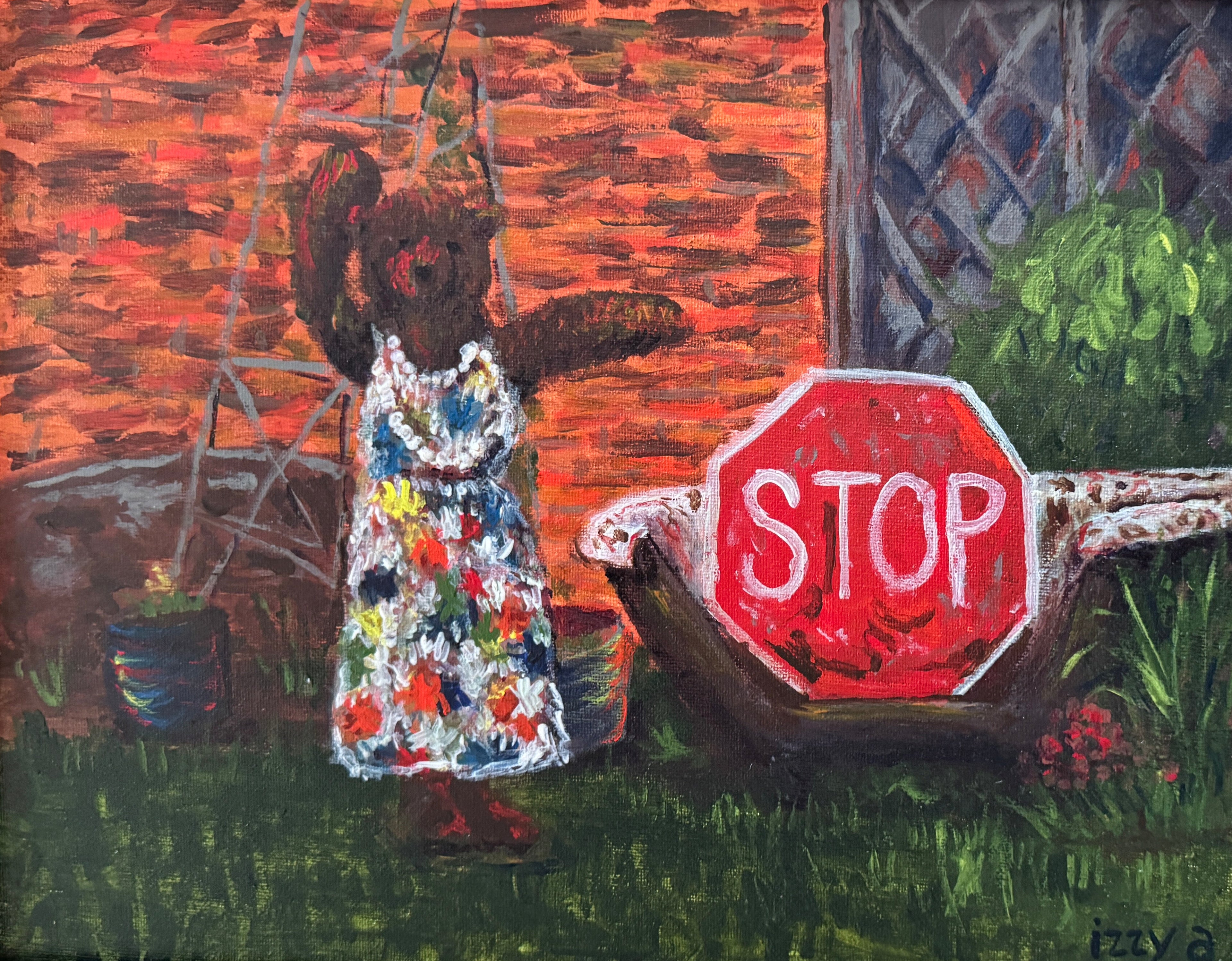 Framed artwork of a bear in a dress standing next to a stop sign.