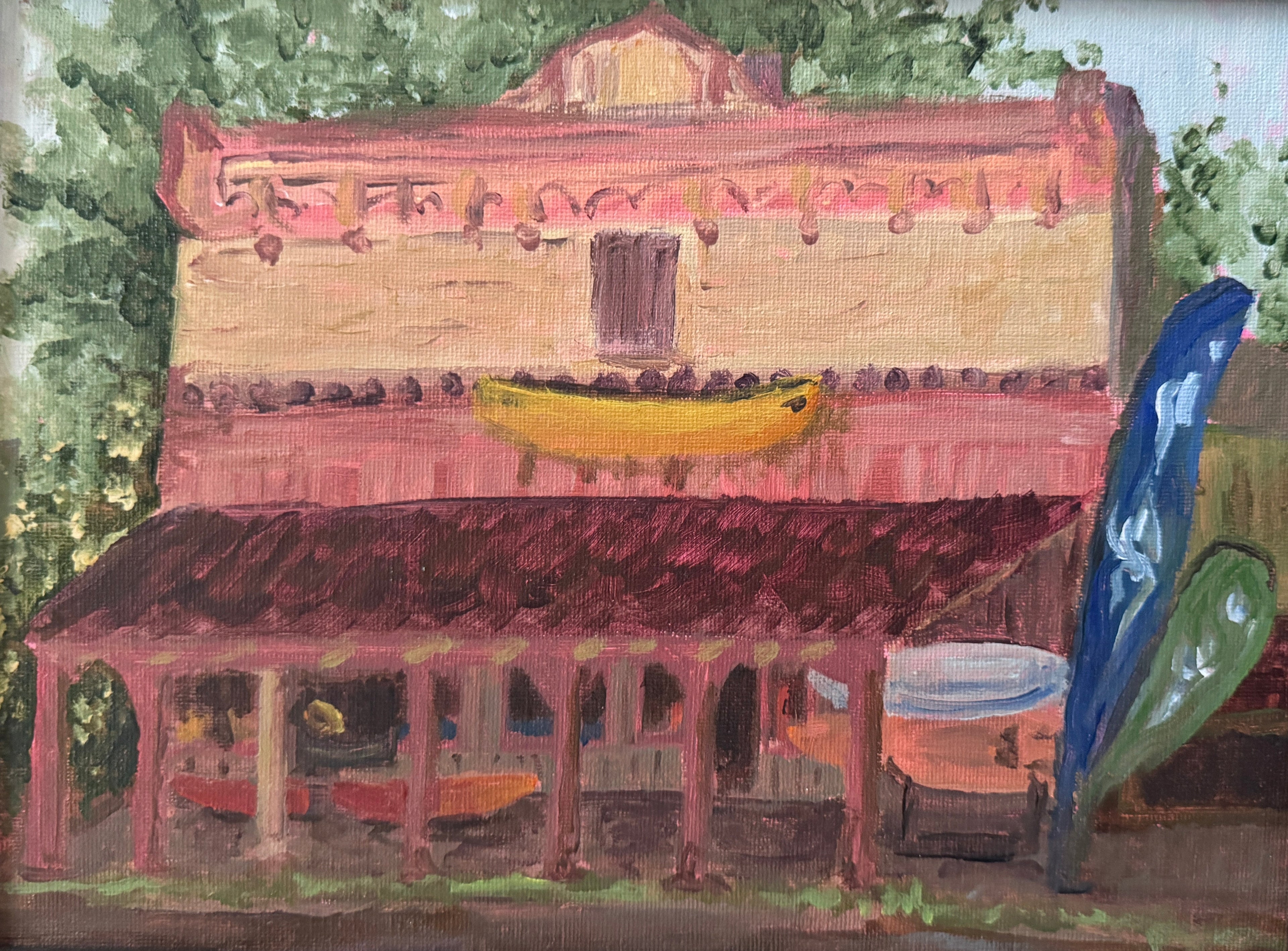 Artistic depiction of a traditional building with a kayak and a blue flag, framed in dark wood.