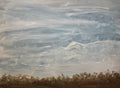 Abstract painting with blue and gray tones on a textured surface