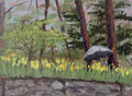 Painting of a person with an umbrella walking through a forest with yellow flowers.