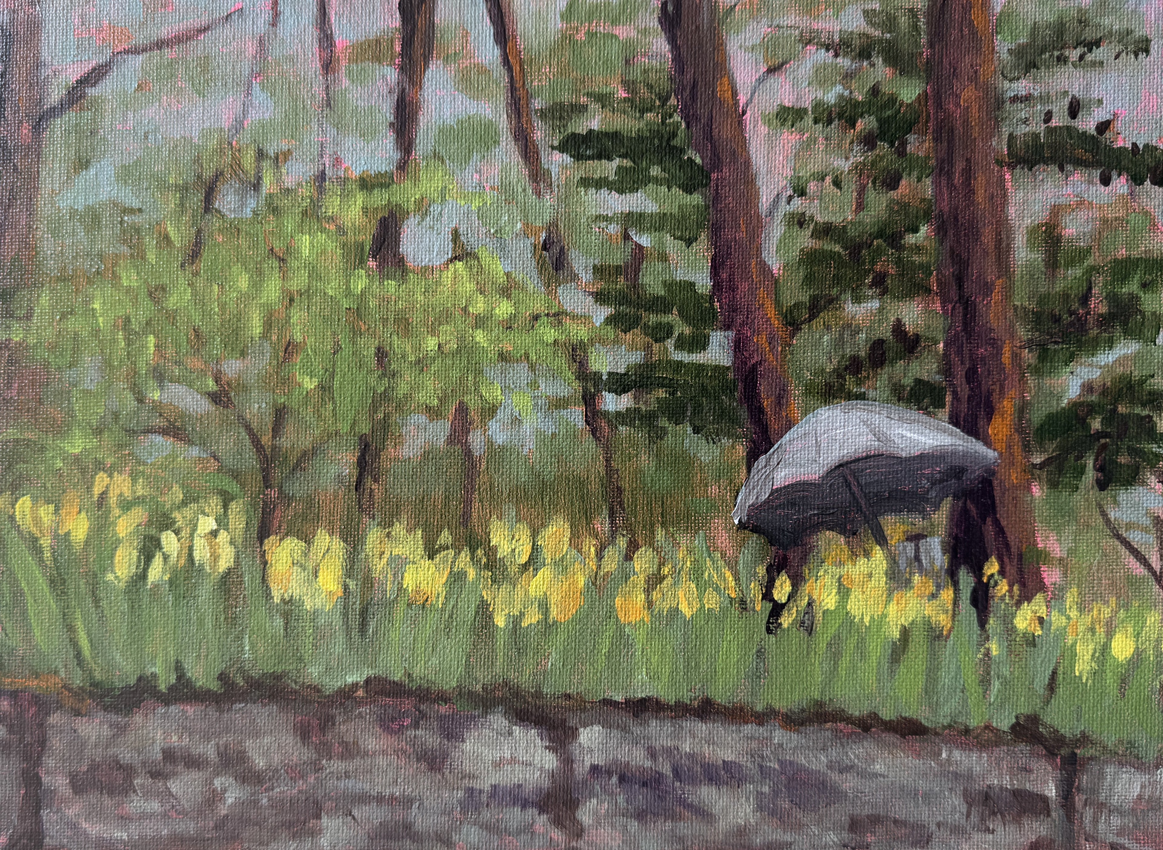 Painting of a person with an umbrella walking through a forest with yellow flowers.
