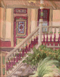 Decorative interior scene with a staircase, plants, and colorful wall hangings.