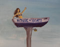 Painting of a woman on a boat with 'House of Boats' text against a light blue background