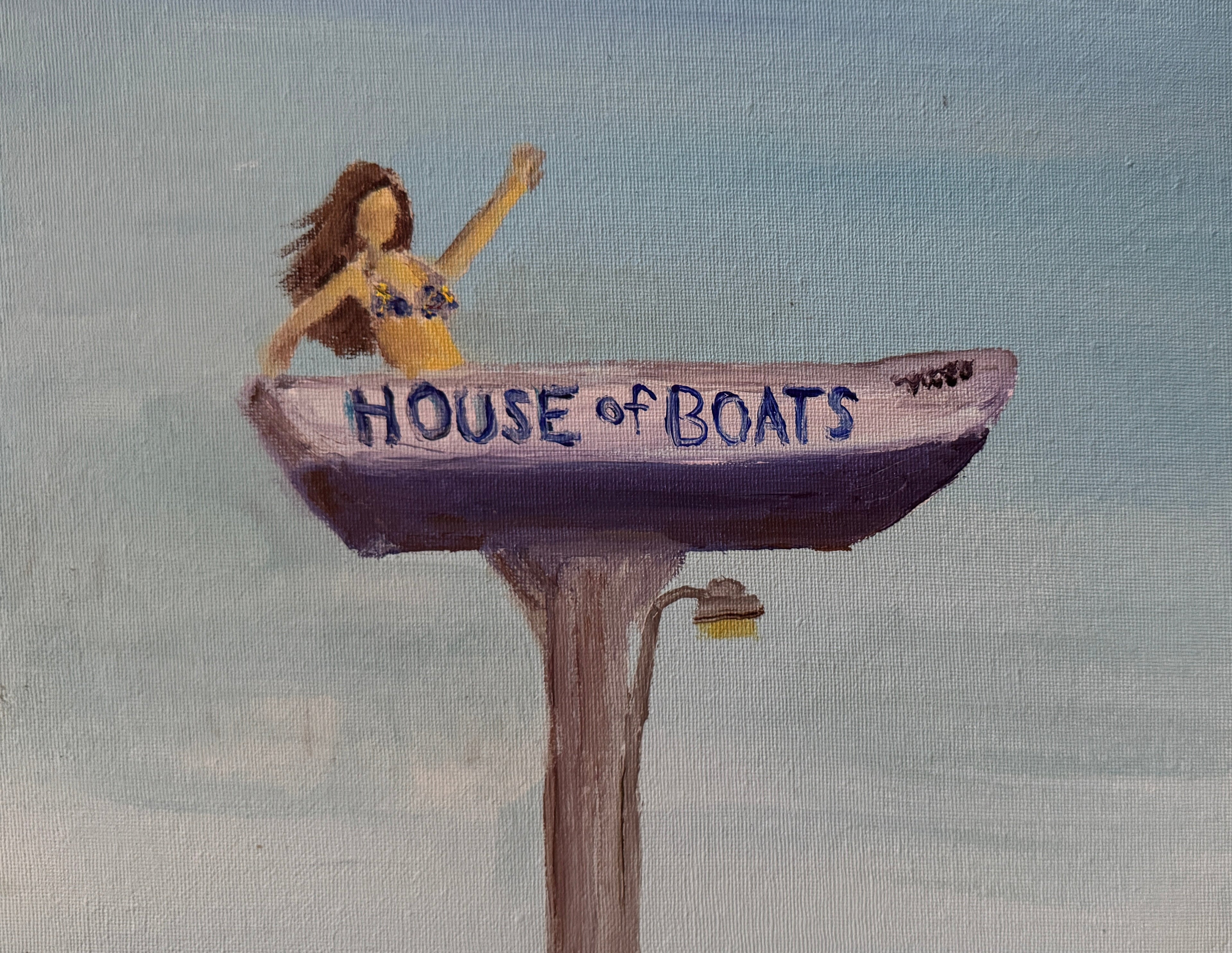 Painting of a woman on a boat with 'House of Boats' text against a light blue background