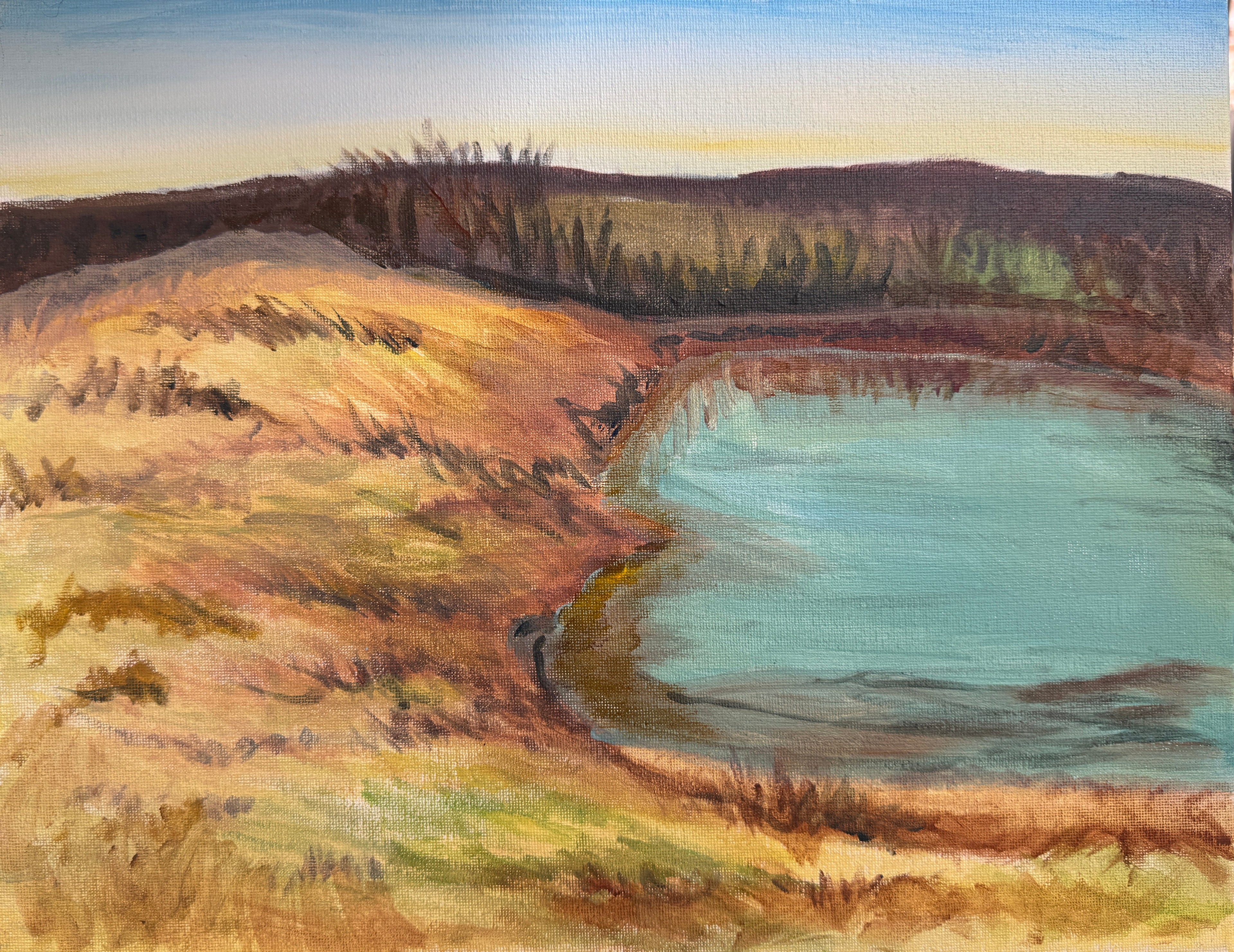 Painting of a landscape with a lake and hills