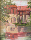 Painting of a covered bridge over a river with trees on either side