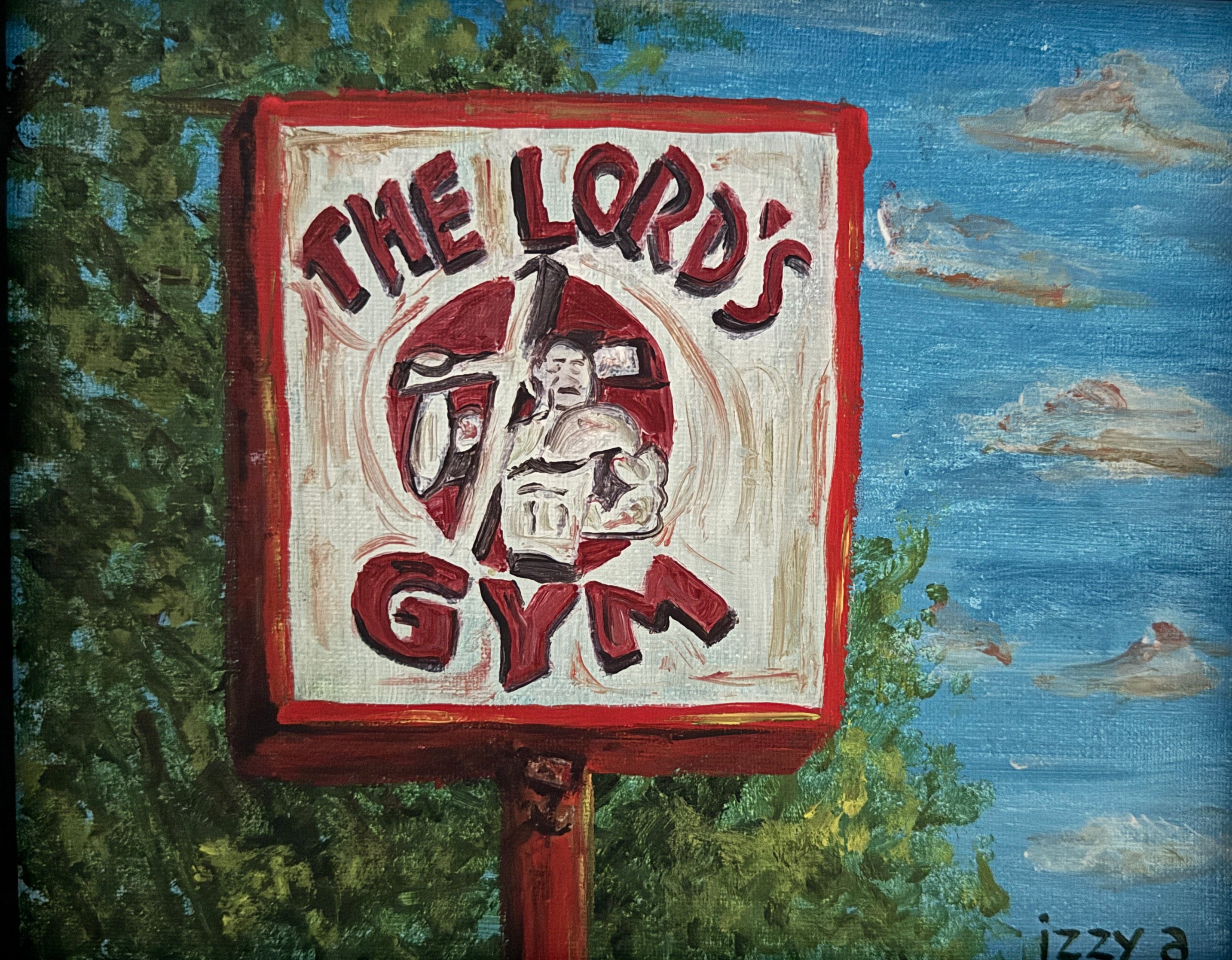 Framed painting of 'The Lord's Gym' sign with a scenic background
