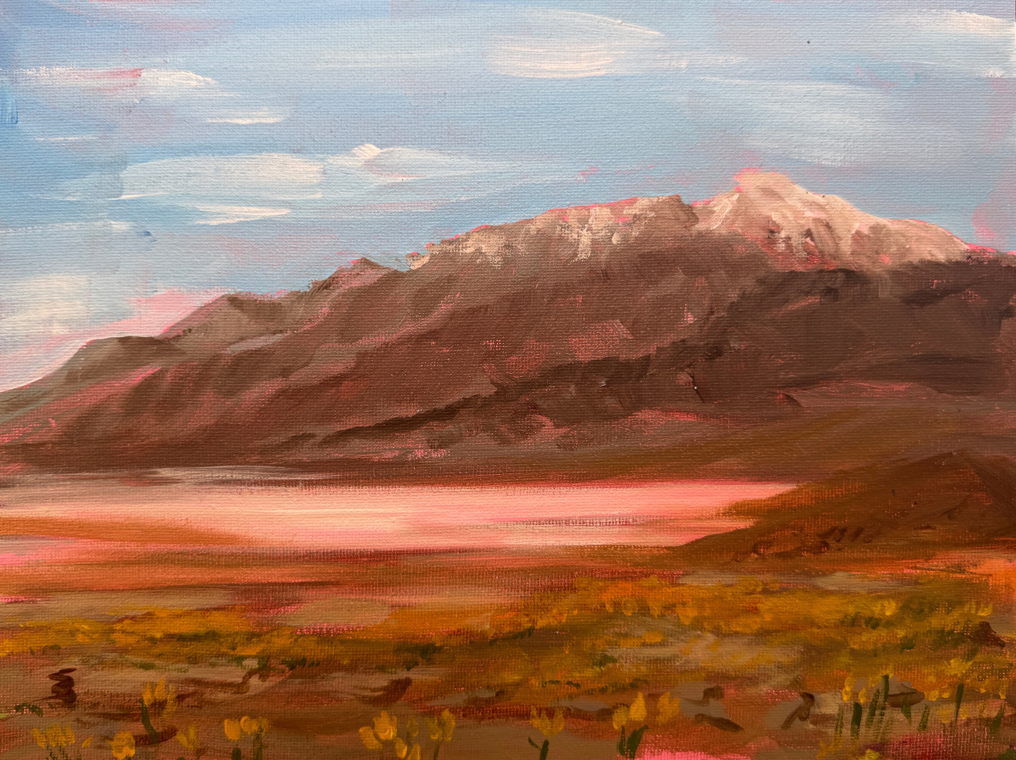 Painting of a landscape with a body of water and mountains