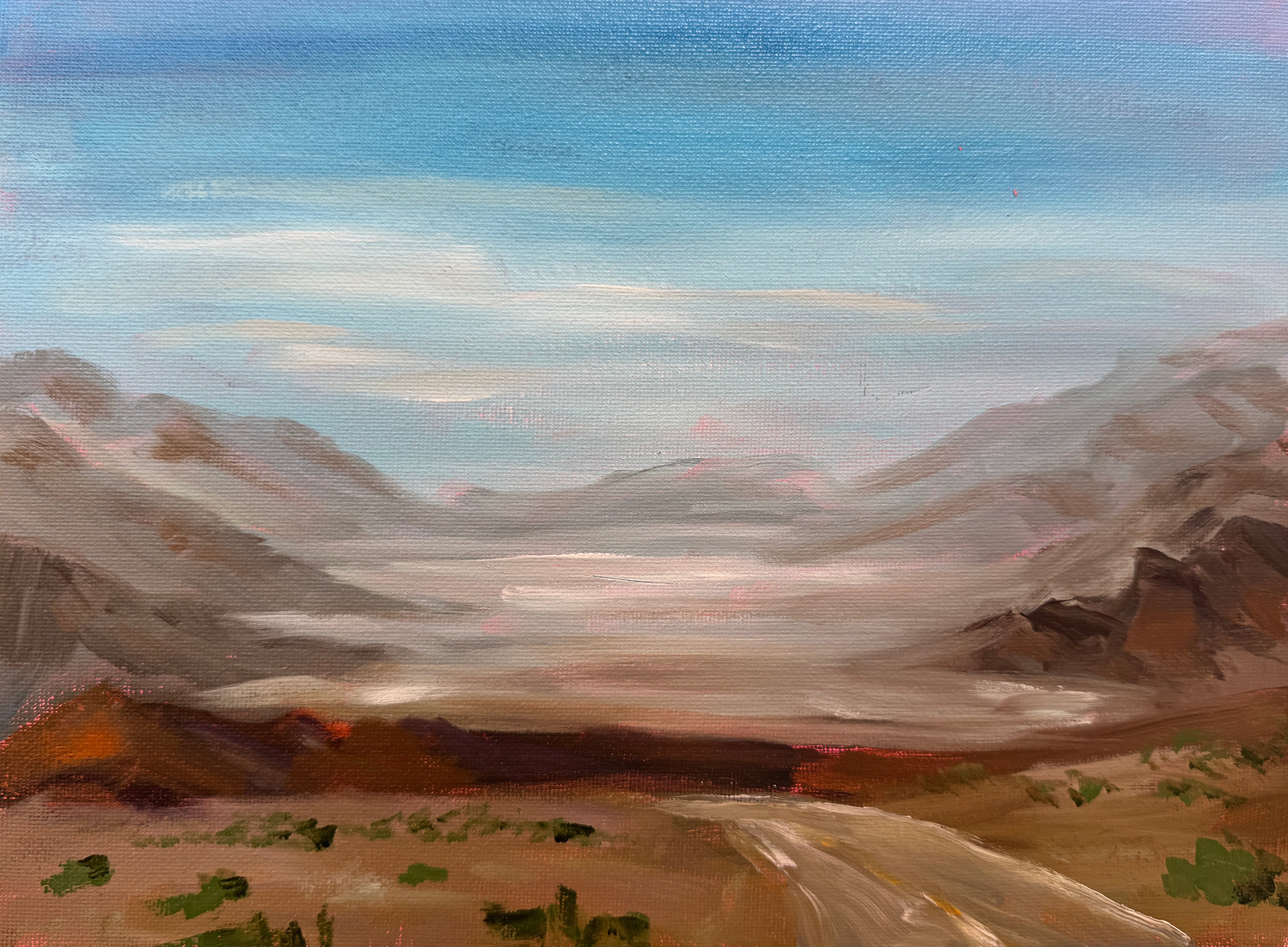 Painting of a mountain landscape with a road and trees.