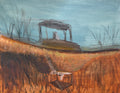 Painting of a boat on water with a wooden frame