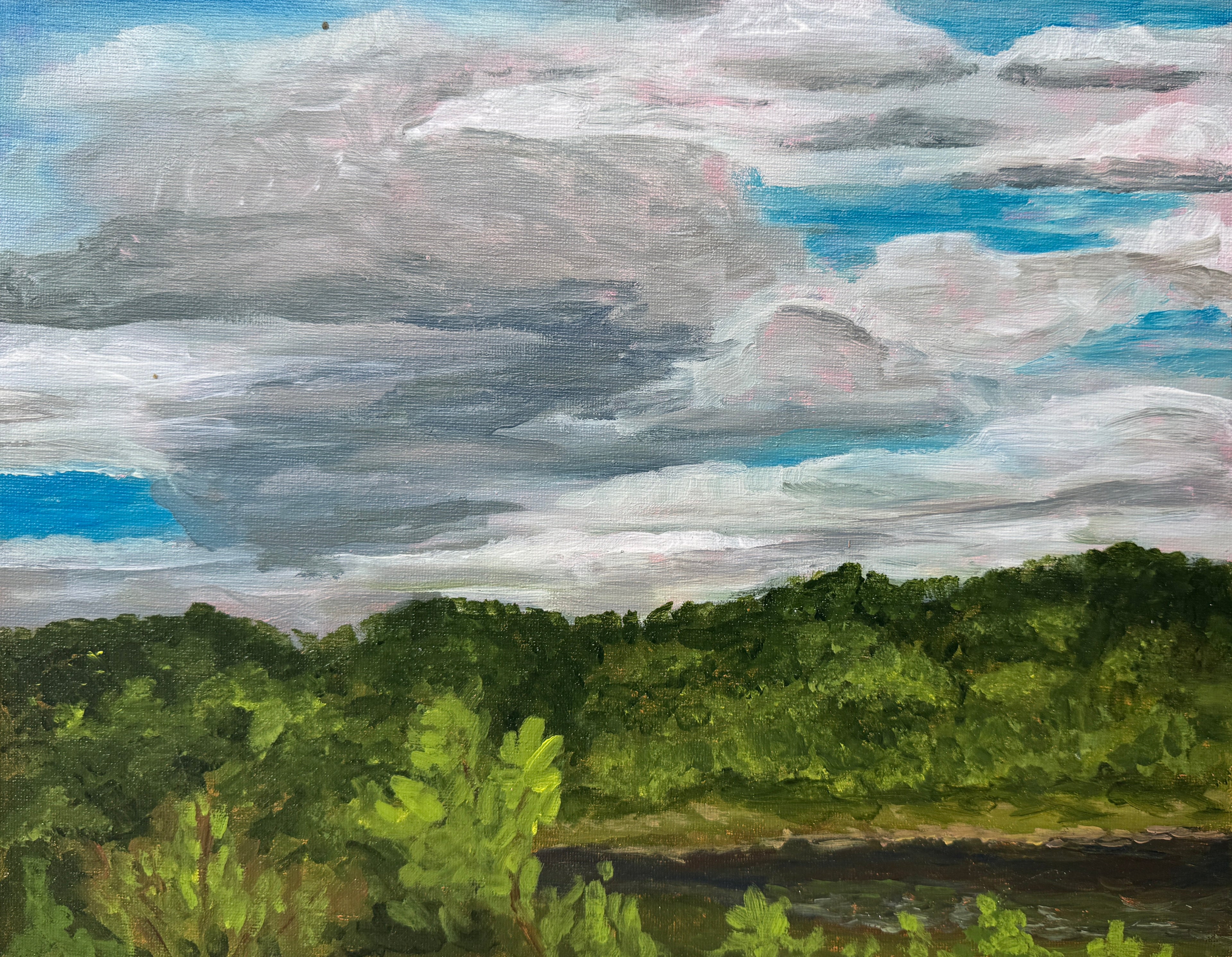 Painting of a landscape with green trees and large clouds in the sky.