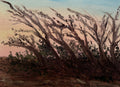 Painting of a landscape with trees and a sunset on a stone surface