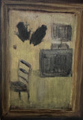 Small painting with abstract elements in a wooden frame on a textured wall.