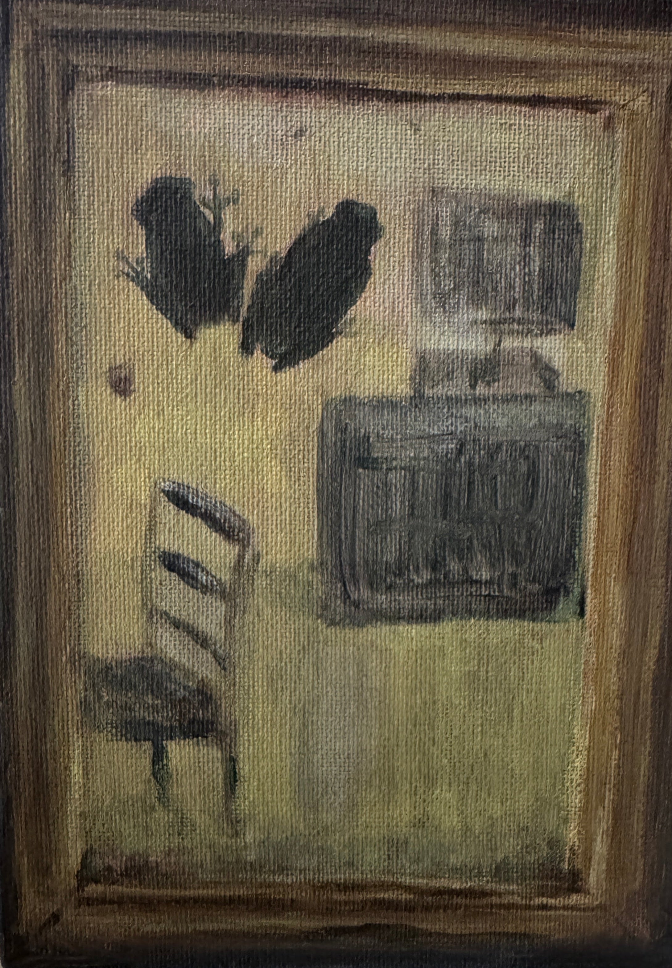 Small painting with abstract elements in a wooden frame on a textured wall.